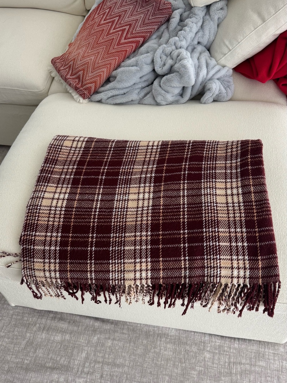 Hearth & Hand Burgundy and Cream Plaid Throw with Fringe